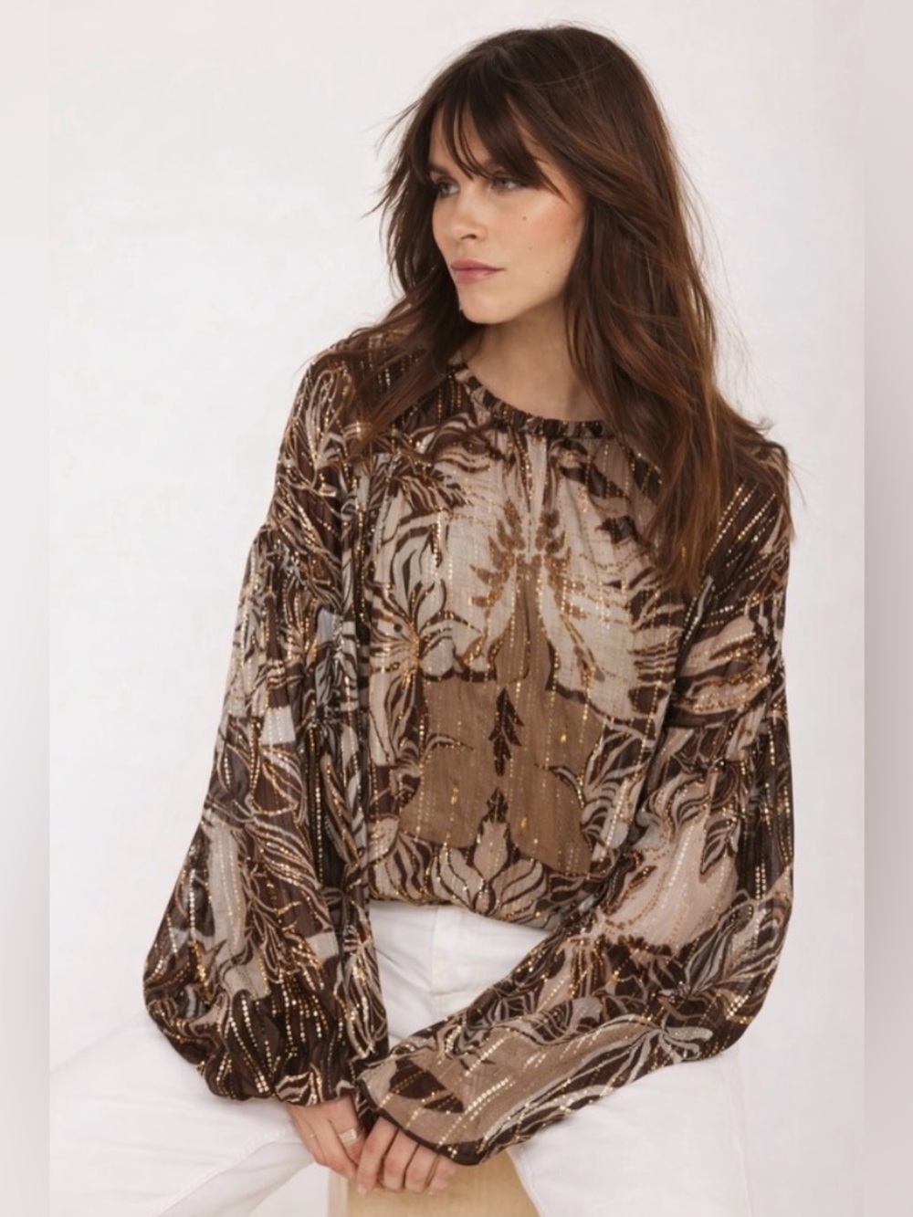 Rachel Zoe Brown and Gold Sequin Floral Sheer Blouse